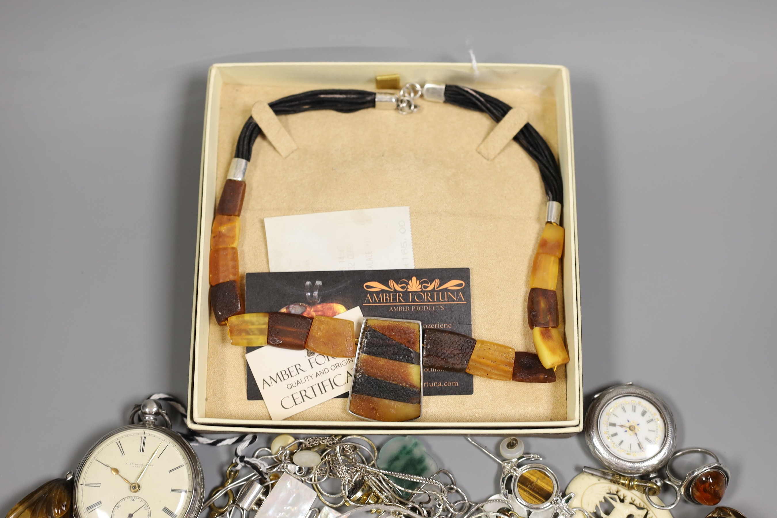 A quantity of assorted jewellery including white metal and 925, together with a silver open faced pocket watch and a Swiss white metal fob watch.